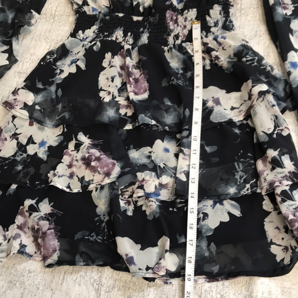 AKA Floral Mini Dress, Sapphire Blue Dress with Tiered Ruffles; Long Sleeve; XS - Picture 15 of 16